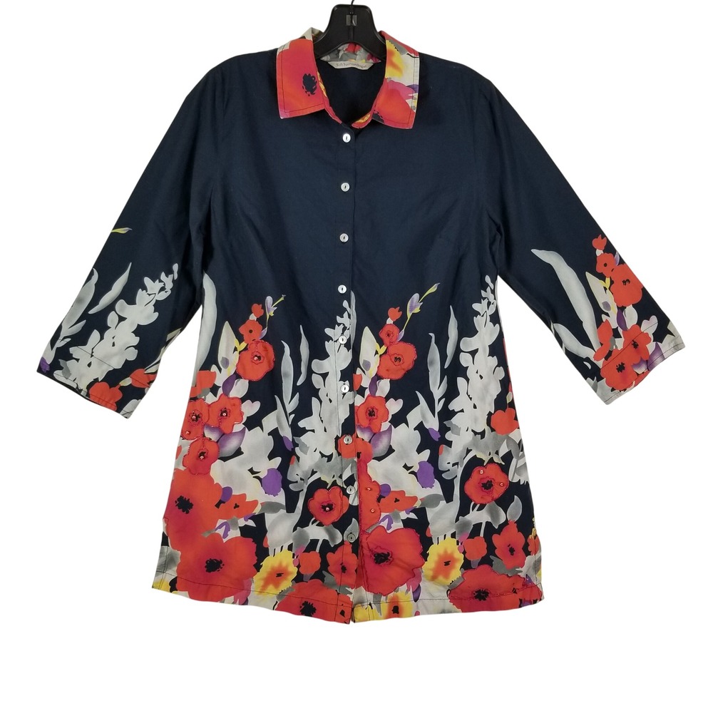 Soft Surroundings Navy Blue Floral Poppy Sequin Cotton Tunic‎ Top 39169 Small